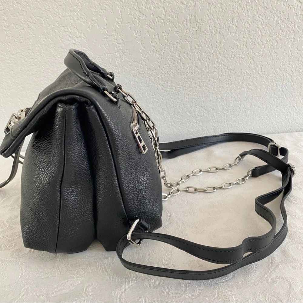 Black Leather Mini Backpack with Silver Details